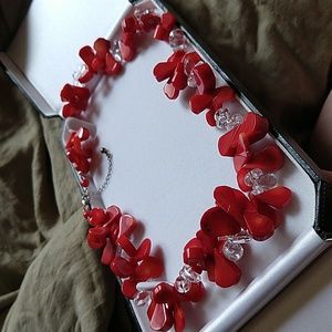 Red Coral collar necklace with clear crystal quartz accents 925 sterling silver